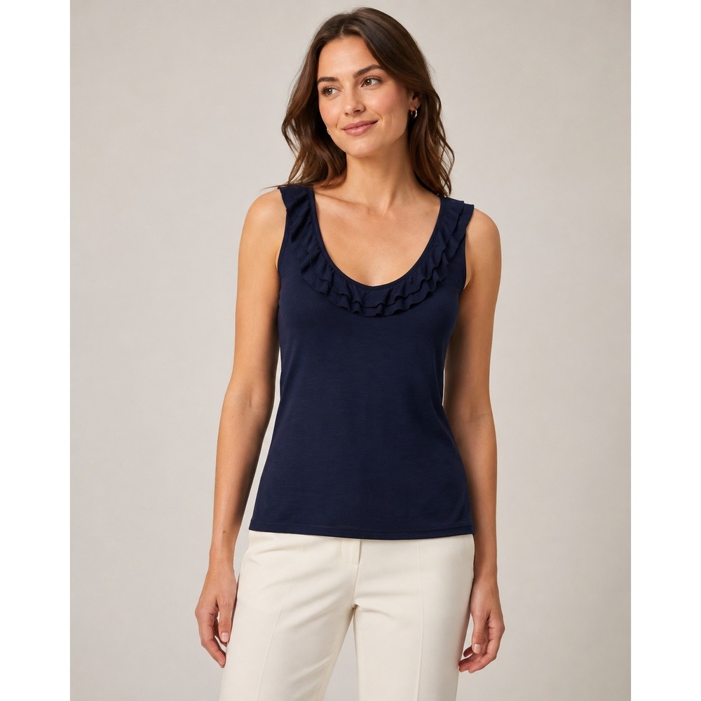 Lauren Ralph Lauren 100% Silk Ruffle Neck Blouse Womens Large Navy
